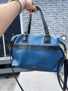 Fossil Two-Tone Blue and Black Leather Satchel